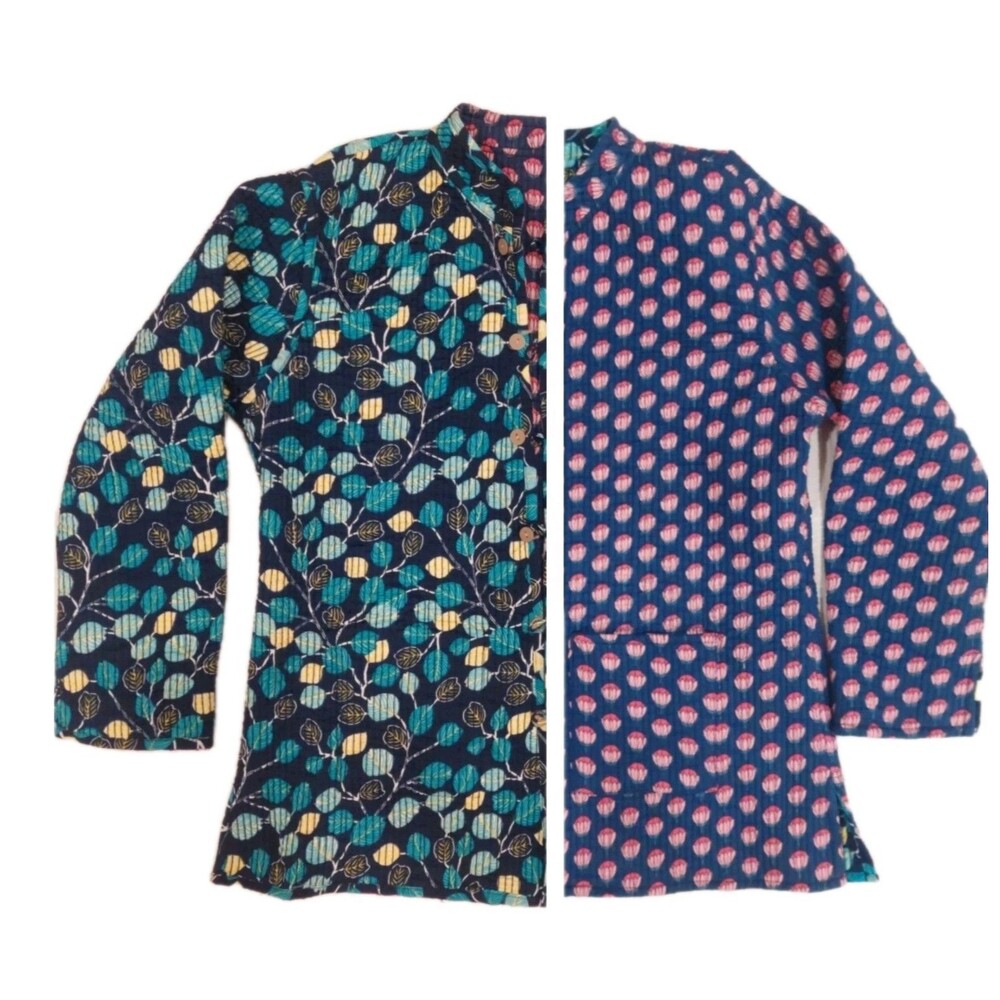 M - Reversible Quilted Jacket Womens Medium Cottagecore Floral Lightweight Coat